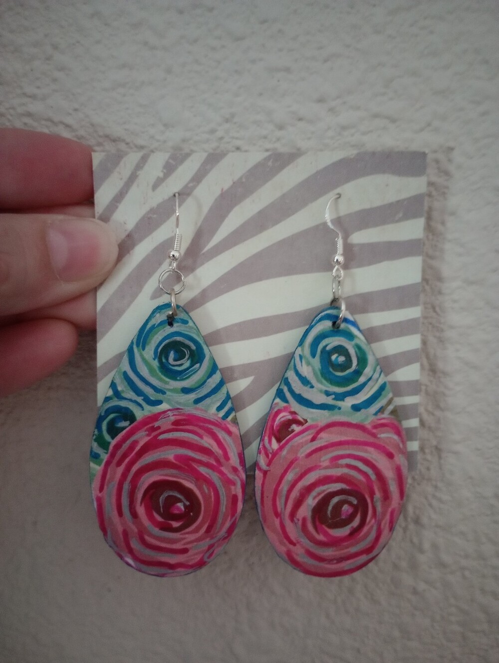Hand painted Pink & Blue Floral Teardrop Earrings